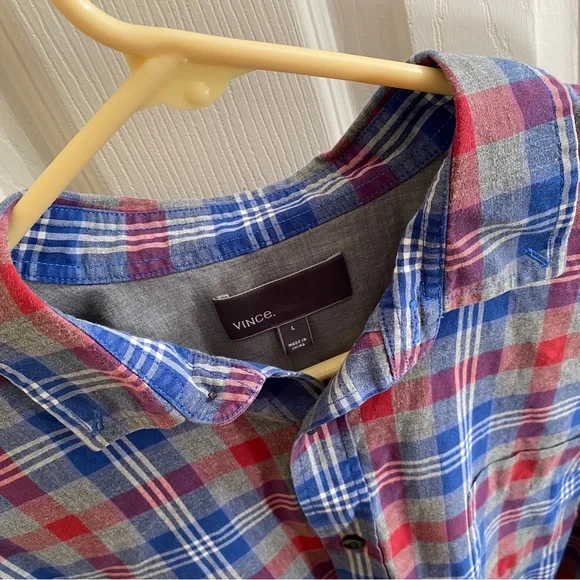 Vince Blue Plaid Long Sleeve Button Down Shirt Large - Picture 4 of 10